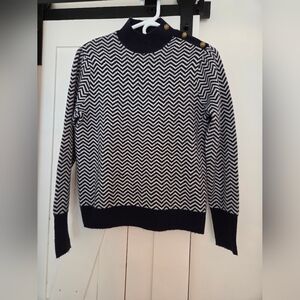 J.Crew Navy/White Chevron Print Mock Neck Gold Button Sweater (S)